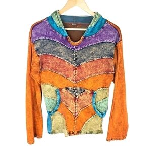 Nepal Boho Colorblock Hippie Hoodie Size S…